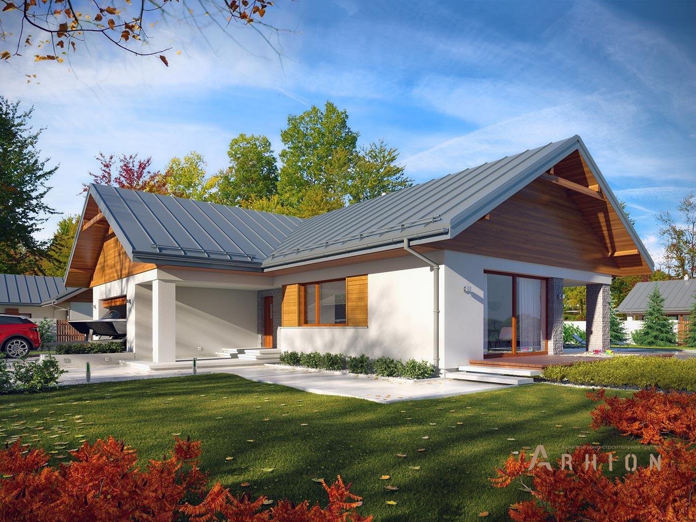 2. Проект одноэтажного дома в европейском стиле с плоской кровлей , R-14-20, площадью - 135 кв c терассой, гаражом